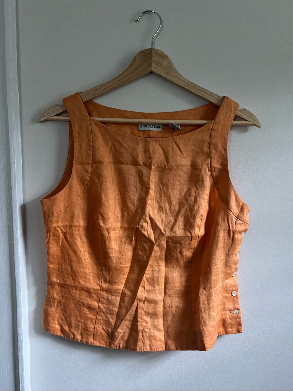 Ann Taylor Women’s Sherbet Orange Button Up 100% Linen Tank Top 8 Quiet Luxury
